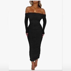 NWT PrettyGarden Black Bodycon Long Sleeve Ruched Midi Dress Size Medium